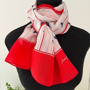 JEAN PIERRE ROBIN Signed Vintage Oblong Scarf Red Border Stripes Diamonds Sheer